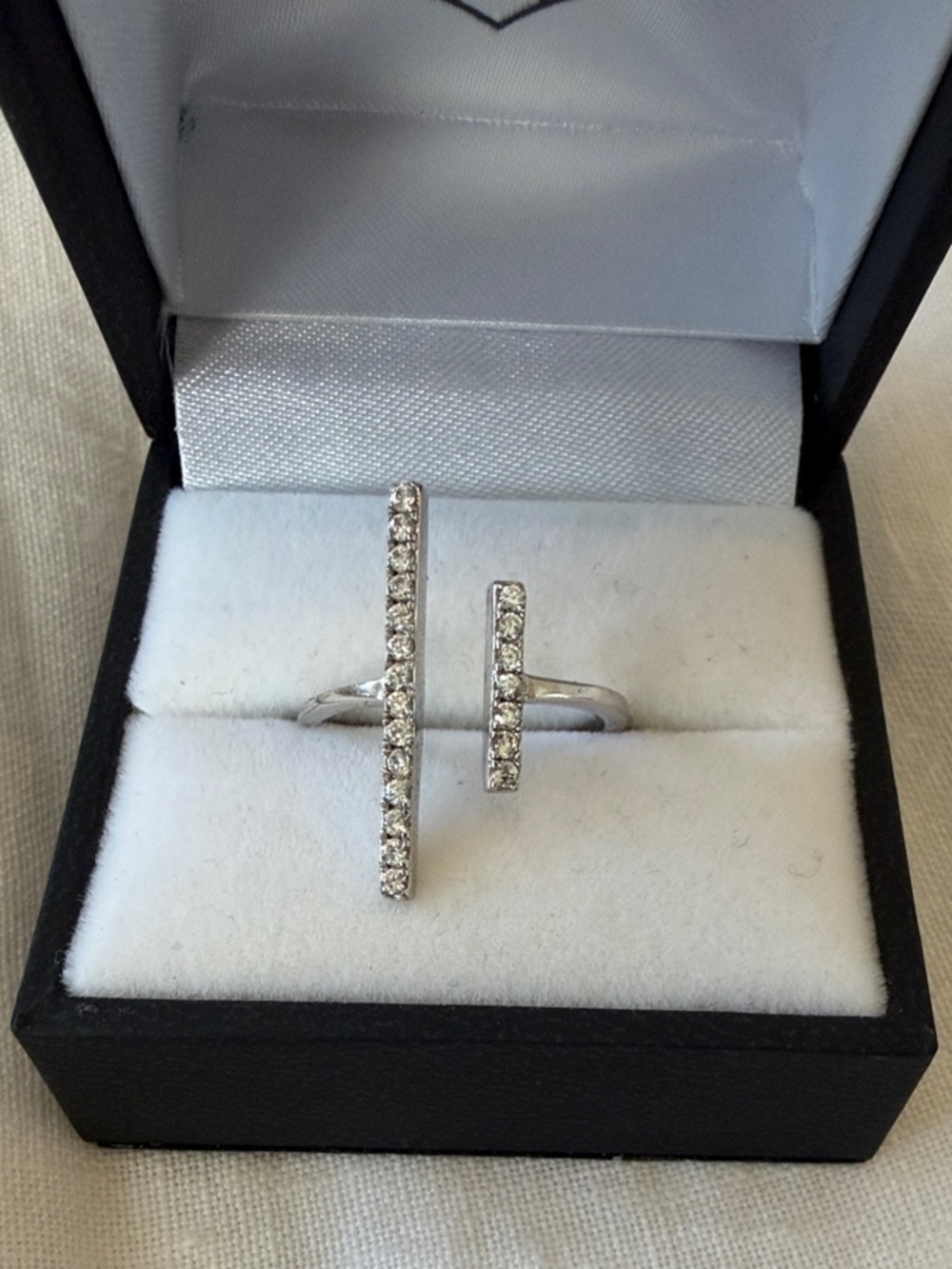 Adjustable Stirling Silver Pave Crystal Bar Open Ring